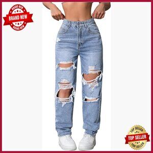 High Waisted Distressed Straight Leg Jeans Lightweight Denim Pants